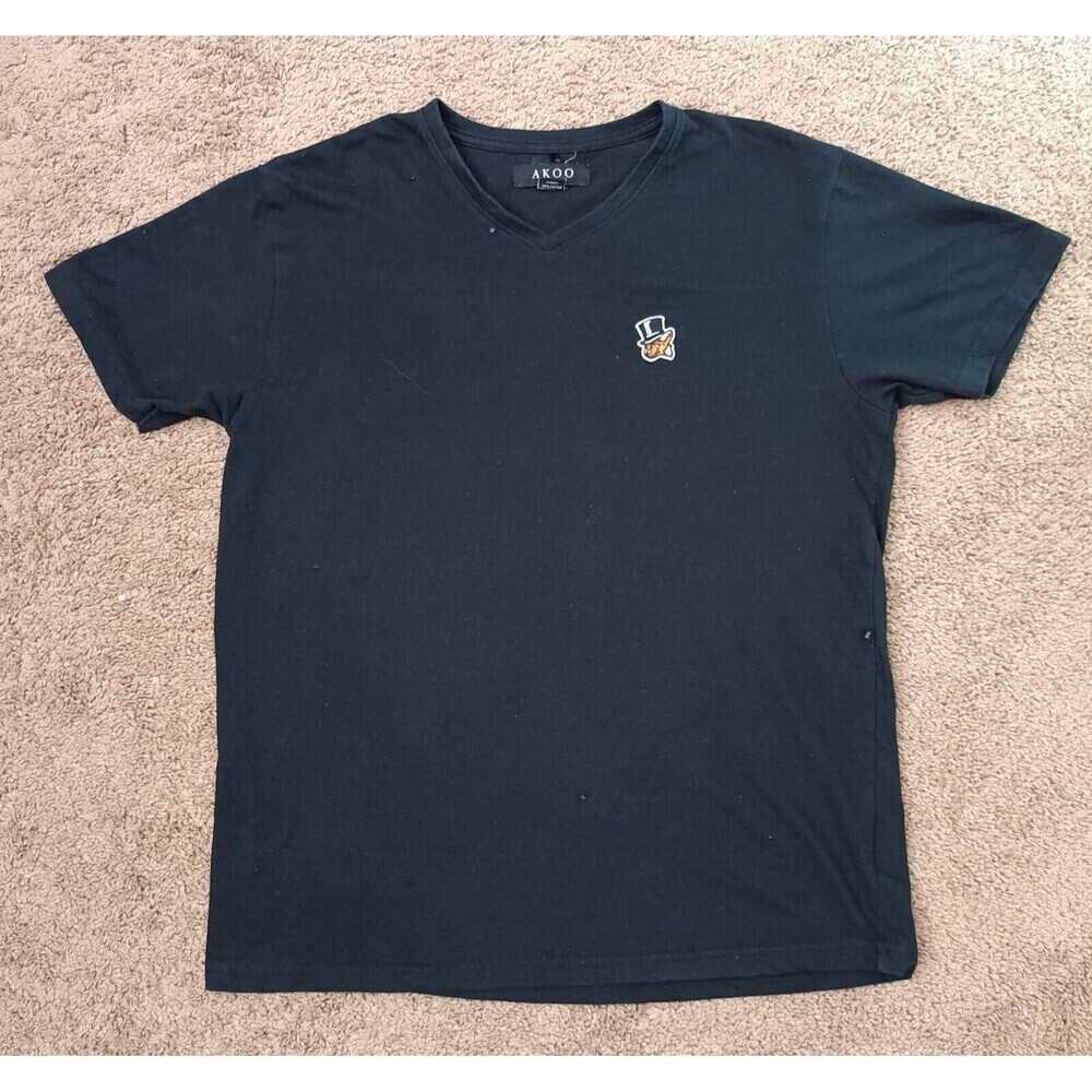 Akoo T-Shirt Men's Size Large Embriodered Fox Logo V-Neck Black Short Sleeve